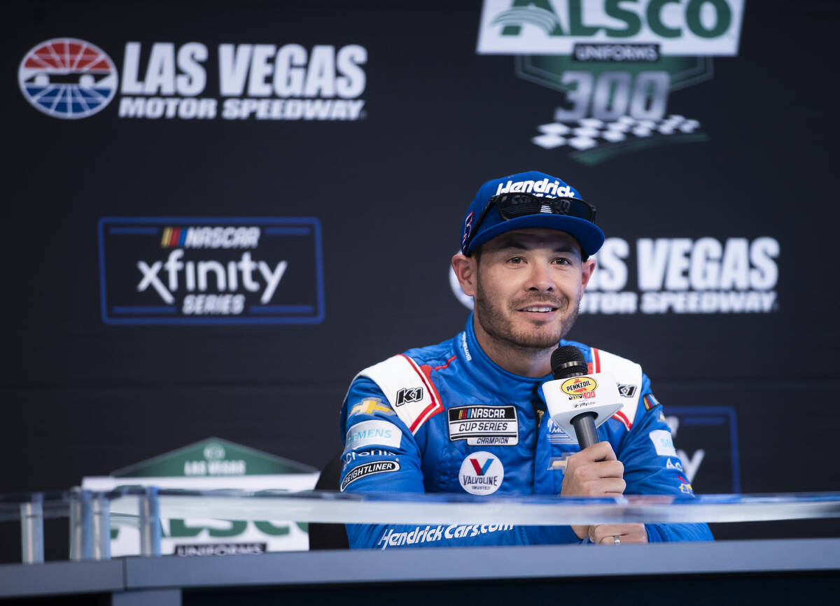 Cup Series driver Kyle Larson (5) speaks to the media after qualifying for the Pennzoil 400 on ...