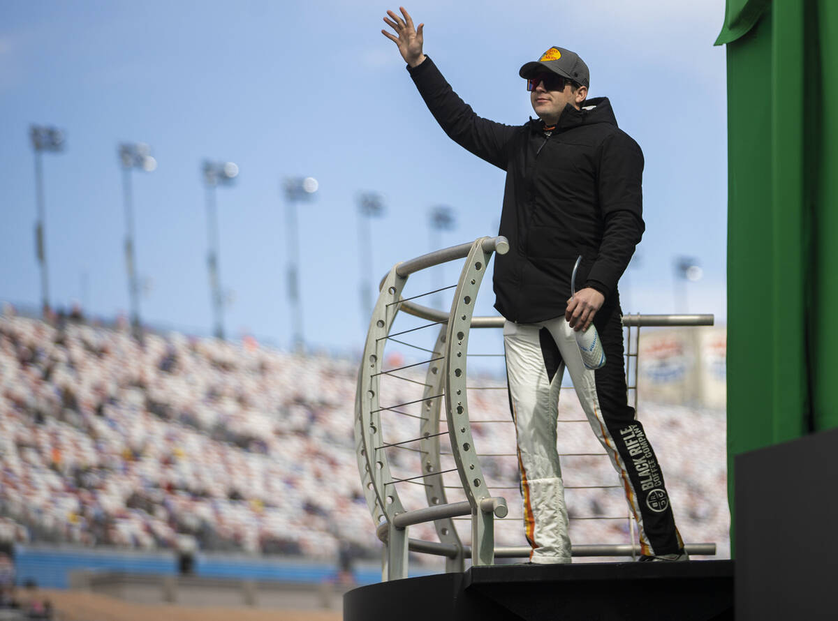 Las Vegas native Noah Gragson (9) is introduced before the start of the NASCAR Xfinity Series A ...