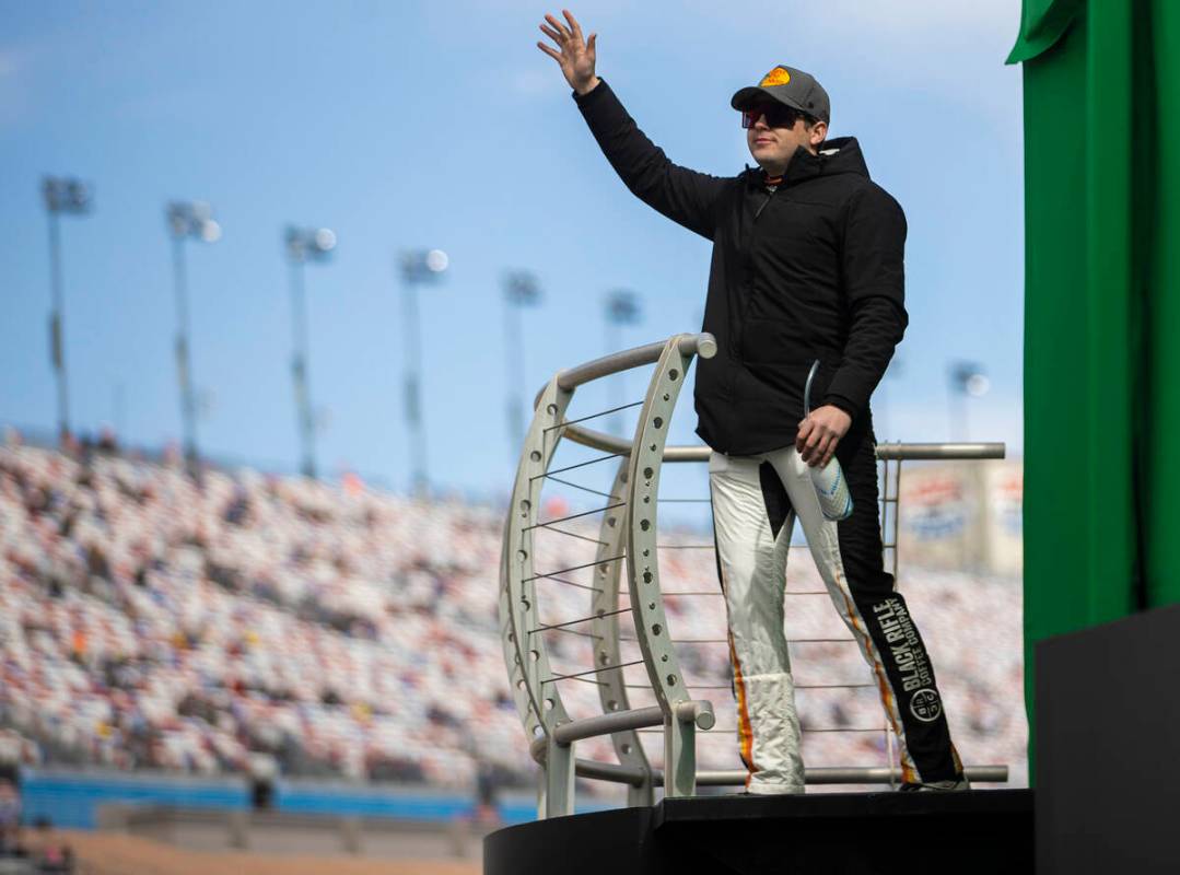 Las Vegas native Noah Gragson (9) is introduced before the start of the NASCAR Xfinity Series A ...