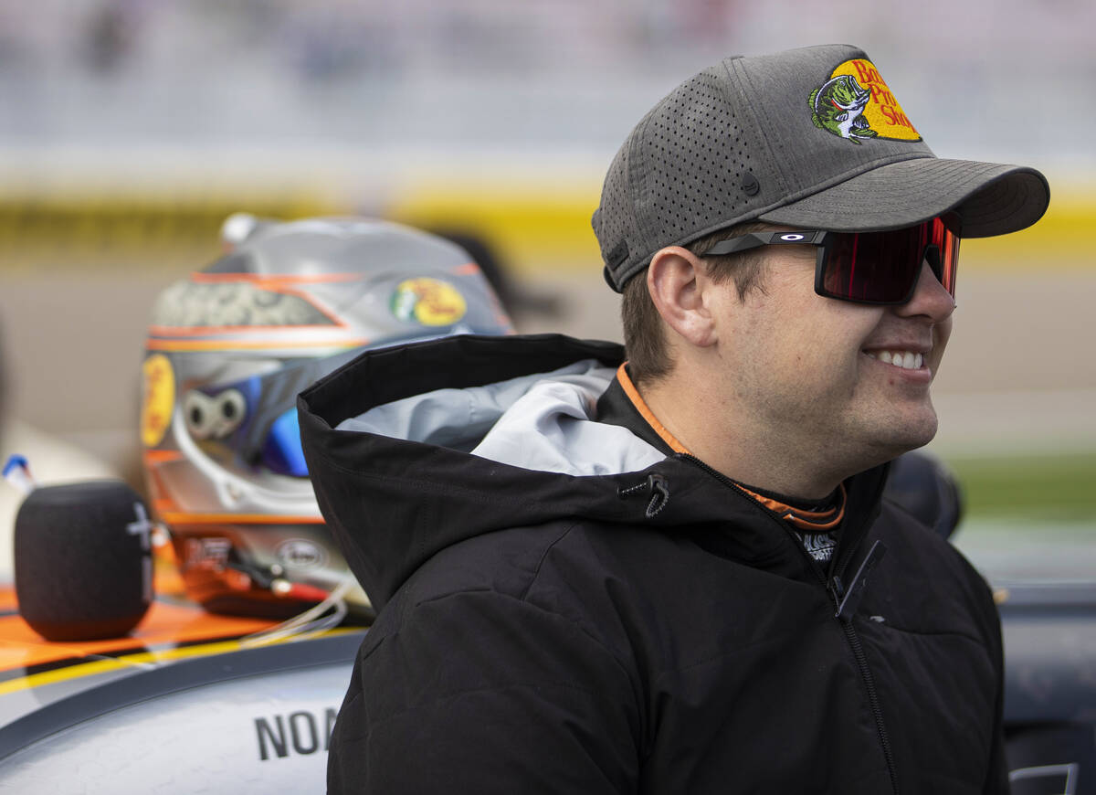 Las Vegas native Noah Gragson (9) is introduced before the start of the NASCAR Xfinity Series A ...