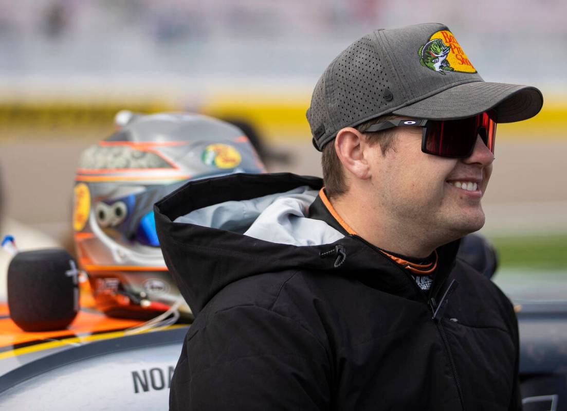 Las Vegas native Noah Gragson (9) is introduced before the start of the NASCAR Xfinity Series A ...