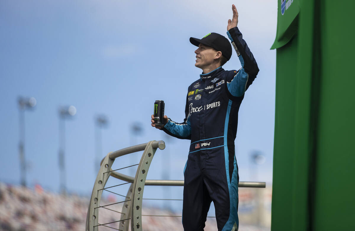 Las Vegas native Riley Herbst (98) is introduced before the start of the NASCAR Xfinity Series ...