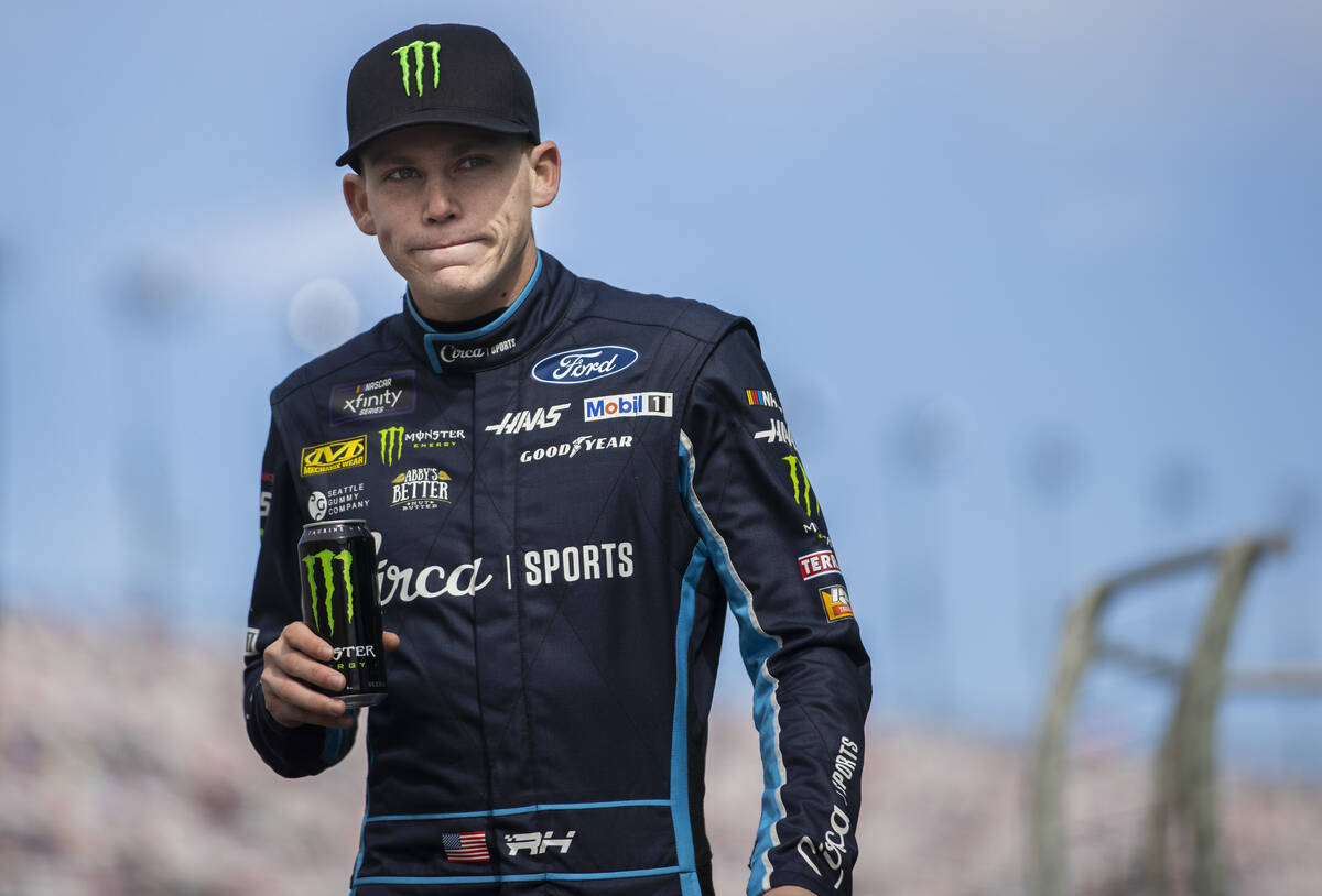 Las Vegas native Riley Herbst (98) is introduced before the start of the NASCAR Xfinity Series ...