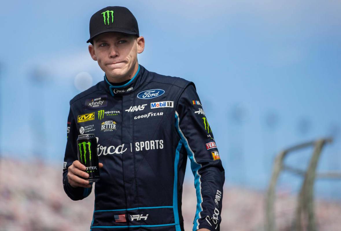 Las Vegas native Riley Herbst (98) is introduced before the start of the NASCAR Xfinity Series ...