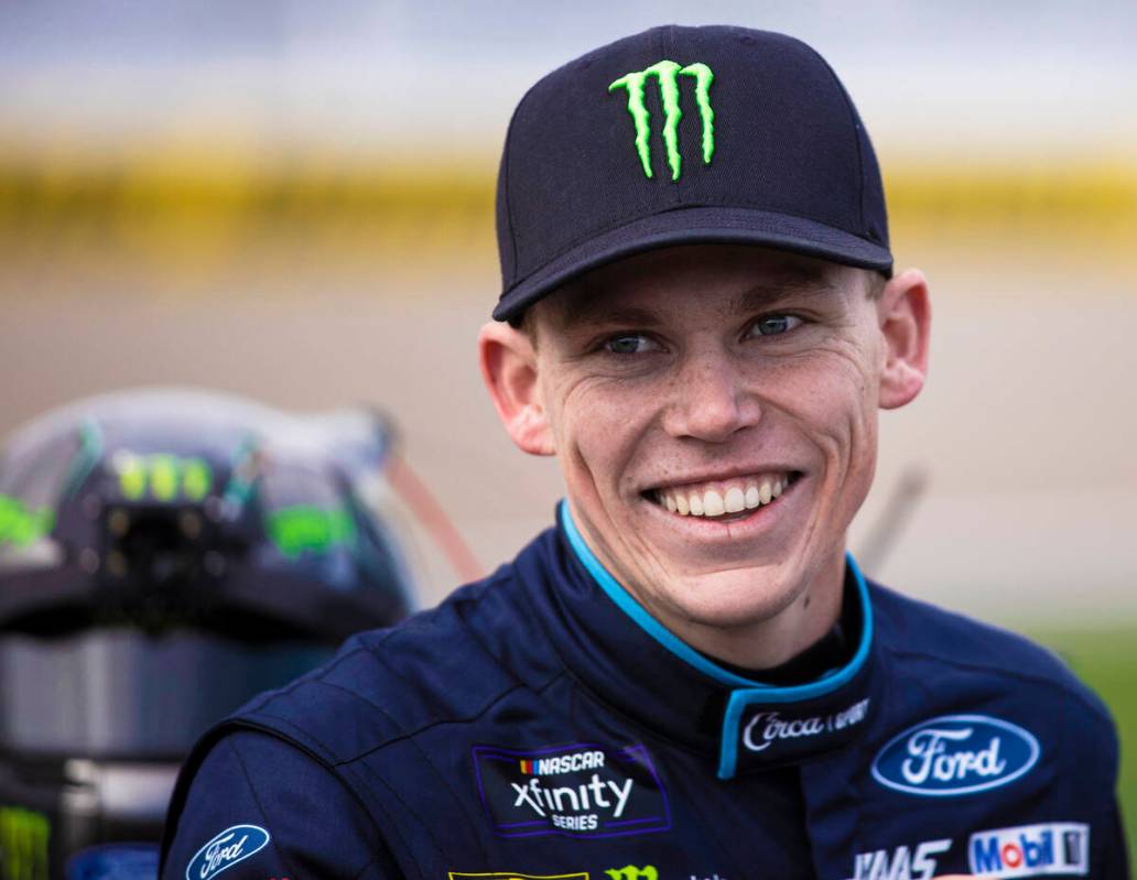 Las Vegas native Riley Herbst (98) is introduced before the start of the NASCAR Xfinity Series ...