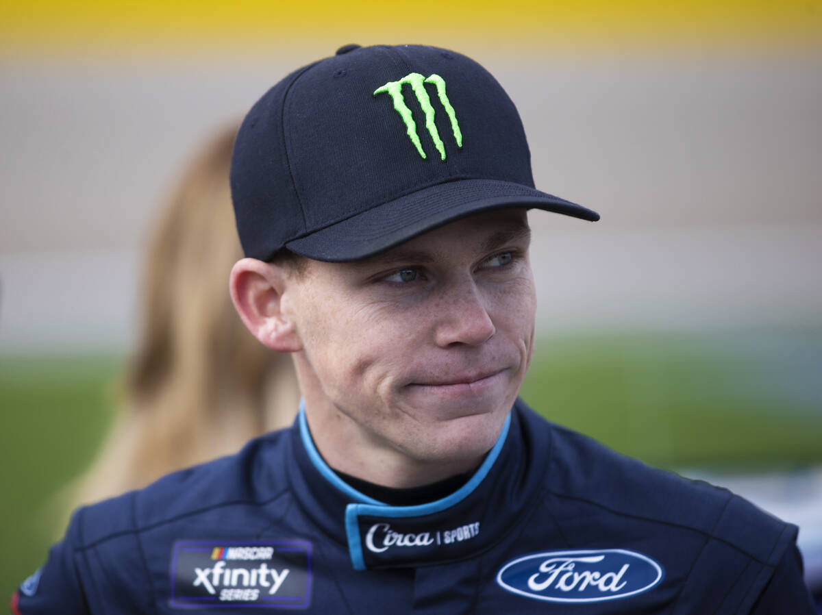 Las Vegas native Riley Herbst (98) is introduced before the start of the NASCAR Xfinity Series ...