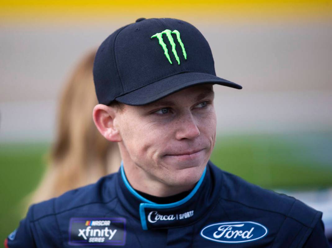 Las Vegas native Riley Herbst (98) is introduced before the start of the NASCAR Xfinity Series ...