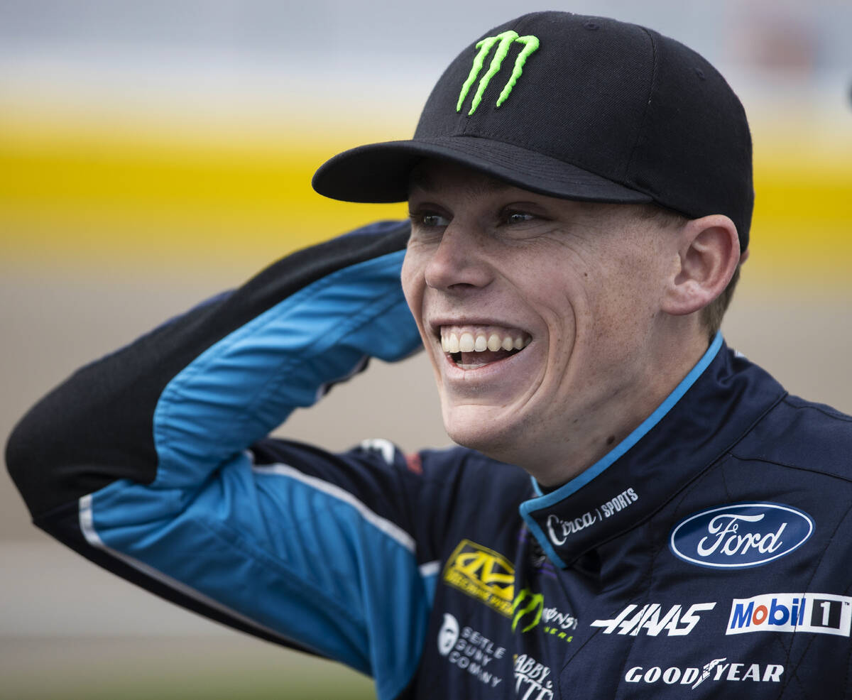 Las Vegas native Riley Herbst (98) is introduced before the start of the NASCAR Xfinity Series ...