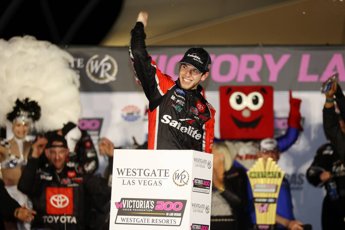 Chandler Smith (18) celebrates his win in the NASCAR Camping World Truck Series 5th Annual Vict ...