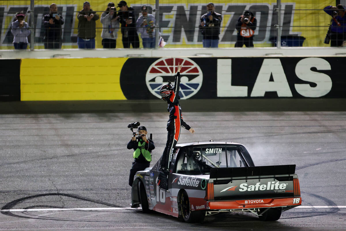 Chandler Smith (18) celebrates his win in the NASCAR Camping World Truck Series 5th Annual Vict ...