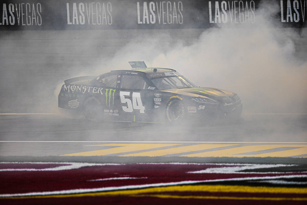 Ty Gibbs (54) celebrates after winning the NASCAR Xfinity Series Alsco Uniforms 300 on Saturday ...