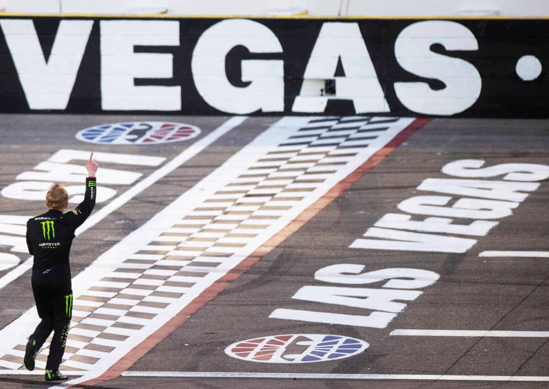 Ty Gibbs (54) celebrates after winning the NASCAR Xfinity Series Alsco Uniforms 300 on Saturday ...