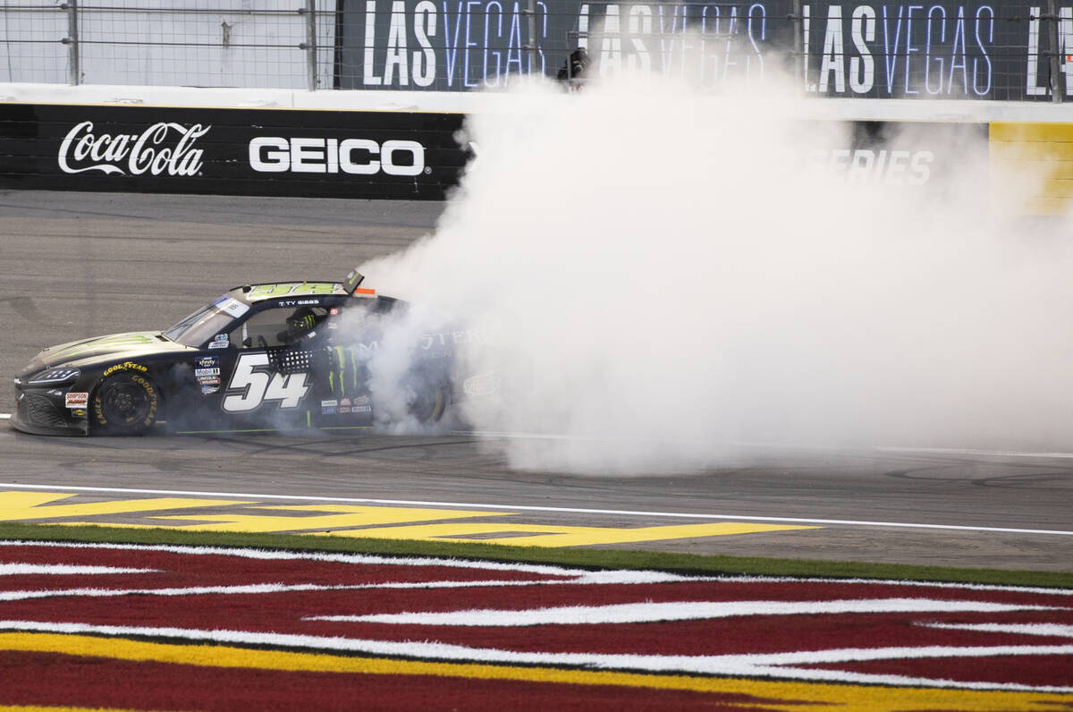 Ty Gibbs (54) celebrates after winning the NASCAR Xfinity Series Alsco Uniforms 300 on Saturday ...