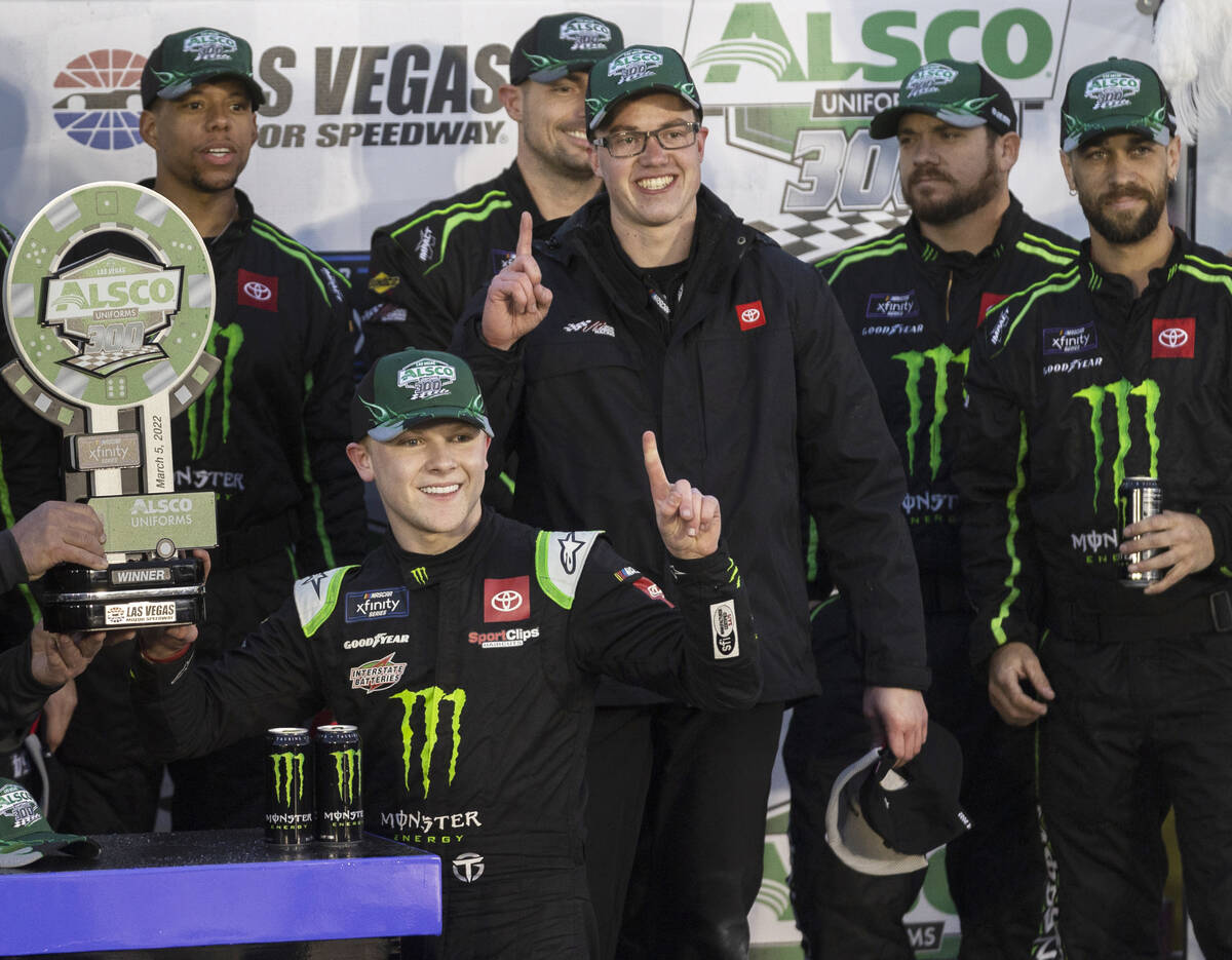 Ty Gibbs (54) celebrates after winning the NASCAR Xfinity Series Alsco Uniforms 300 on Saturday ...