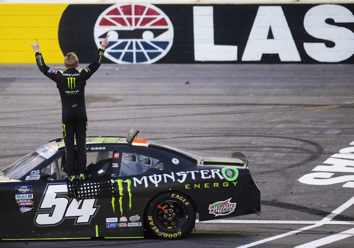 Ty Gibbs (54) celebrates after winning the NASCAR Xfinity Series Alsco Uniforms 300 on Saturday ...