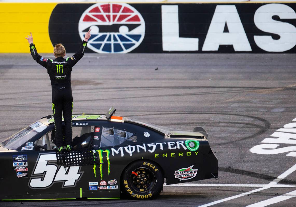 Ty Gibbs (54) celebrates after winning the NASCAR Xfinity Series Alsco Uniforms 300 on Saturday ...