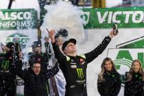 Ty Gibbs (54) celebrates after winning the NASCAR Xfinity Series Alsco Uniforms 300 on Saturday ...