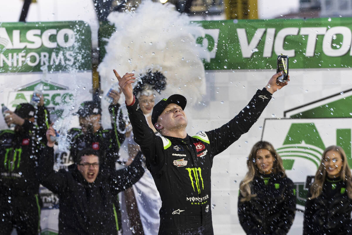 Ty Gibbs (54) celebrates after winning the NASCAR Xfinity Series Alsco Uniforms 300 on Saturday ...