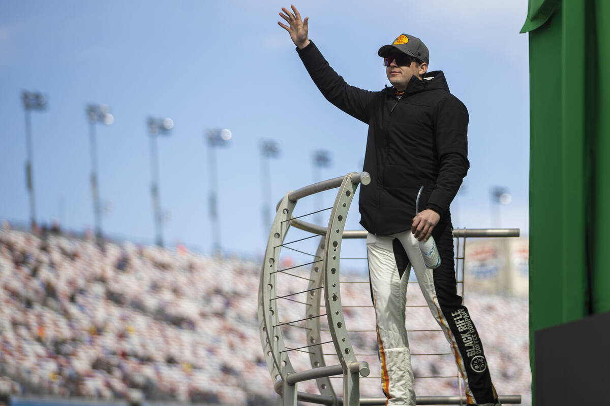 Las Vegas native Noah Gragson (9) is introduced before the start of the NASCAR Xfinity Series A ...