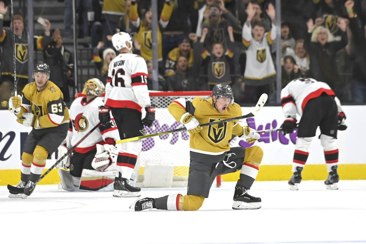 Vegas Golden Knights center Jack Eichel (9) reacts after scoring a goal against the Ottawa Sena ...