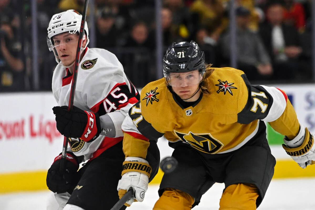 Ottawa Senators left wing Parker Kelly (45) and Vegas Golden Knights center William Karlsson (7 ...