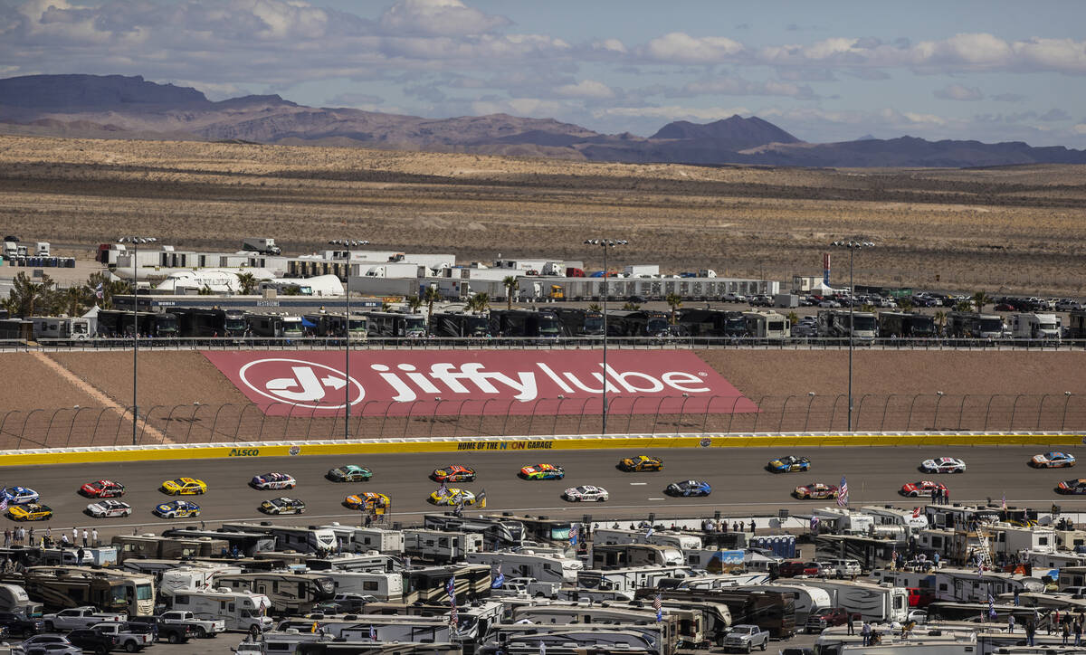 Drivers compete in the Pennzoil 400 NASCAR Cup Series race on Sunday, March 6, 2022, at Las Veg ...