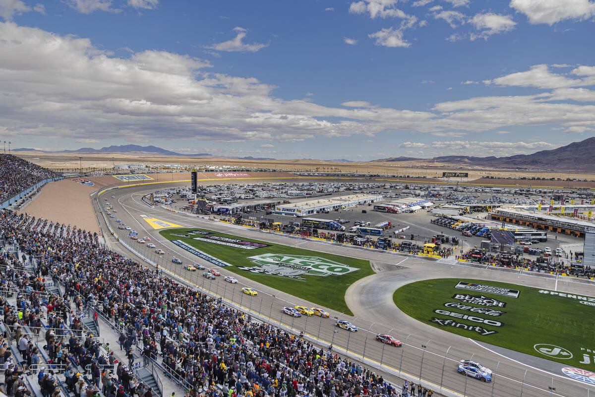 Drivers compete in the Pennzoil 400 NASCAR Cup Series race on Sunday, March 6, 2022, at Las Veg ...