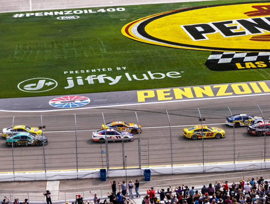 Drivers compete in the Pennzoil 400 NASCAR Cup Series race on Sunday, March 6, 2022, at Las Veg ...