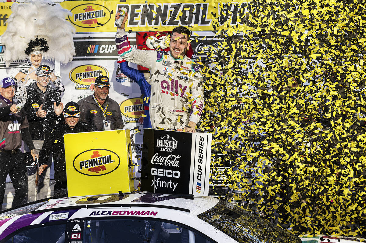 NASCAR Cup Series driver Alex Bowman (48) celebrates after winning the Pennzoil 400 NASCAR Cup ...