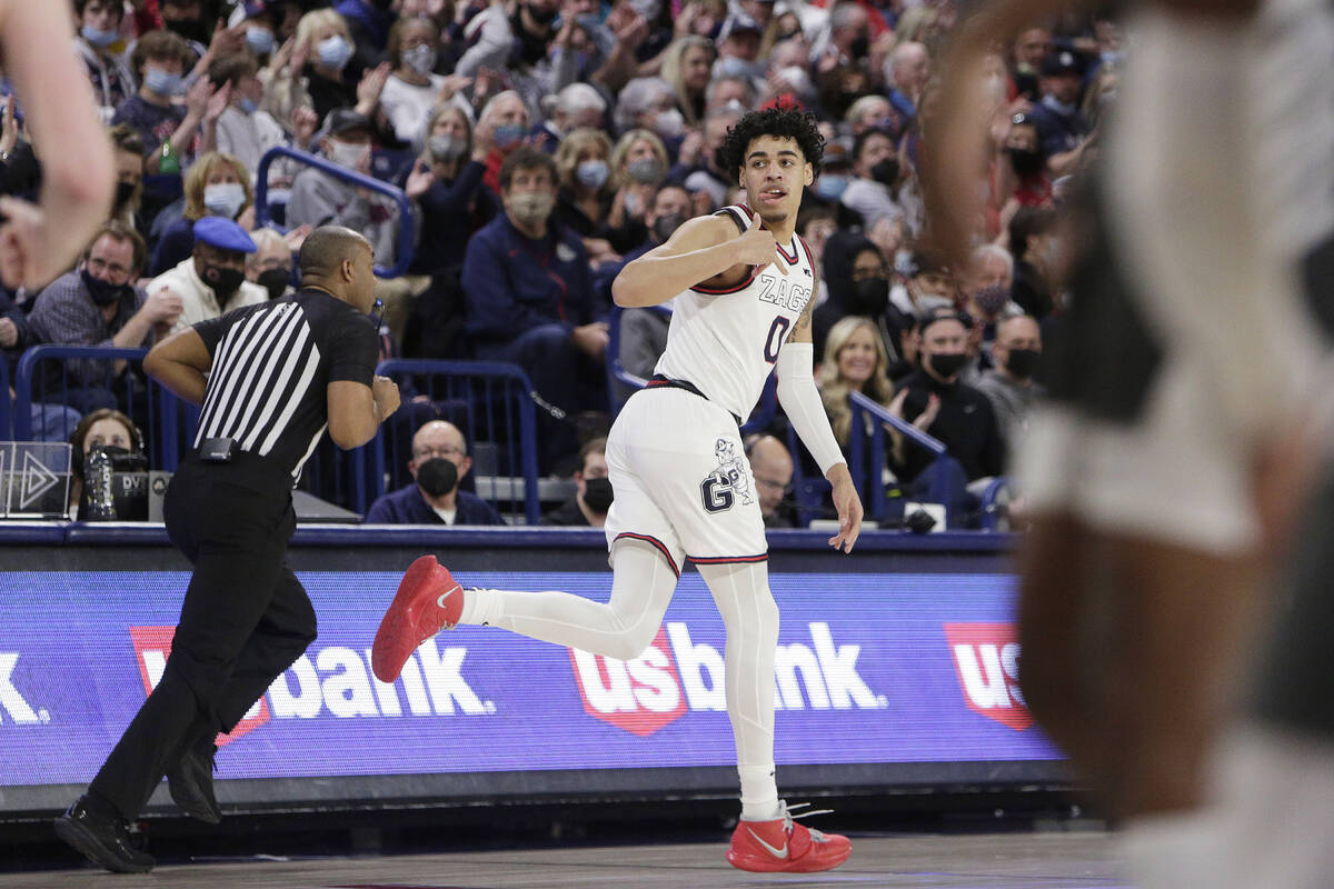 Gonzaga guard Julian Strawther celebrates during the second half of an NCAA college basketball ...