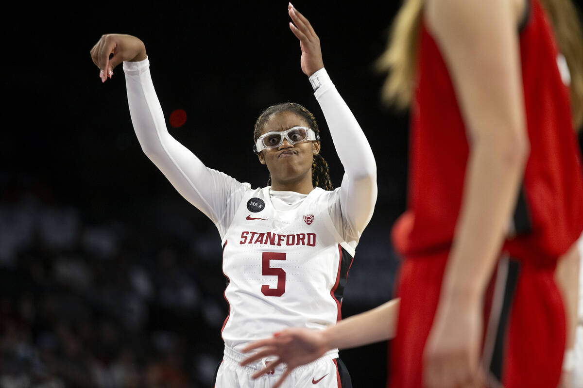 Stanford forward Francesca Belibi (5) reacts after missing a free throw during the second half ...