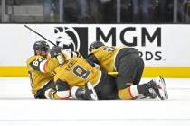 Vegas Golden Knights left wing Max Pacioretty (67), center Jack Eichel (9) and defenseman Shea ...