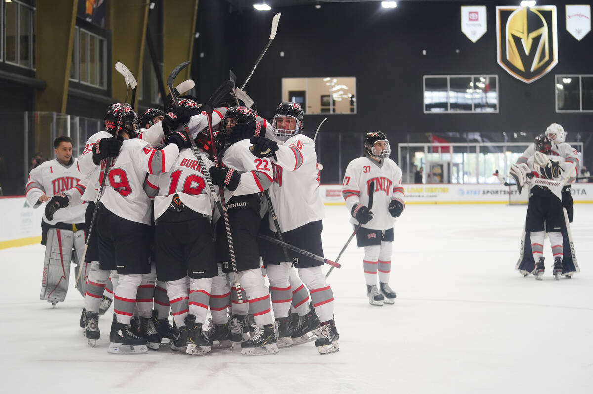 The UNLV hockey team celebrates at City National Arena after a win. (Lucas Peltier-UNLV Hockey)