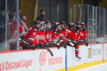 The UNLV hockey team looks on from the bench during a home game at City National Arena. (Lucas ...
