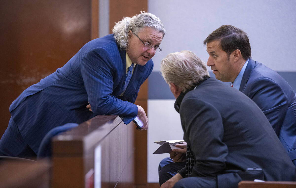 (From left) Lawyers David Chesnoff, John Spilotro and David Brown talk in court during a hearin ...