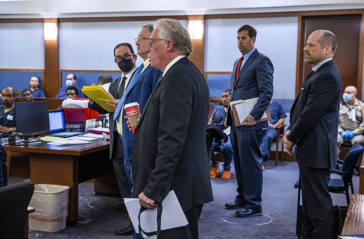 (From left) Defense attorneys Richard Schonfeld, David Chesnoff, John Spilotro, David Brown and ...