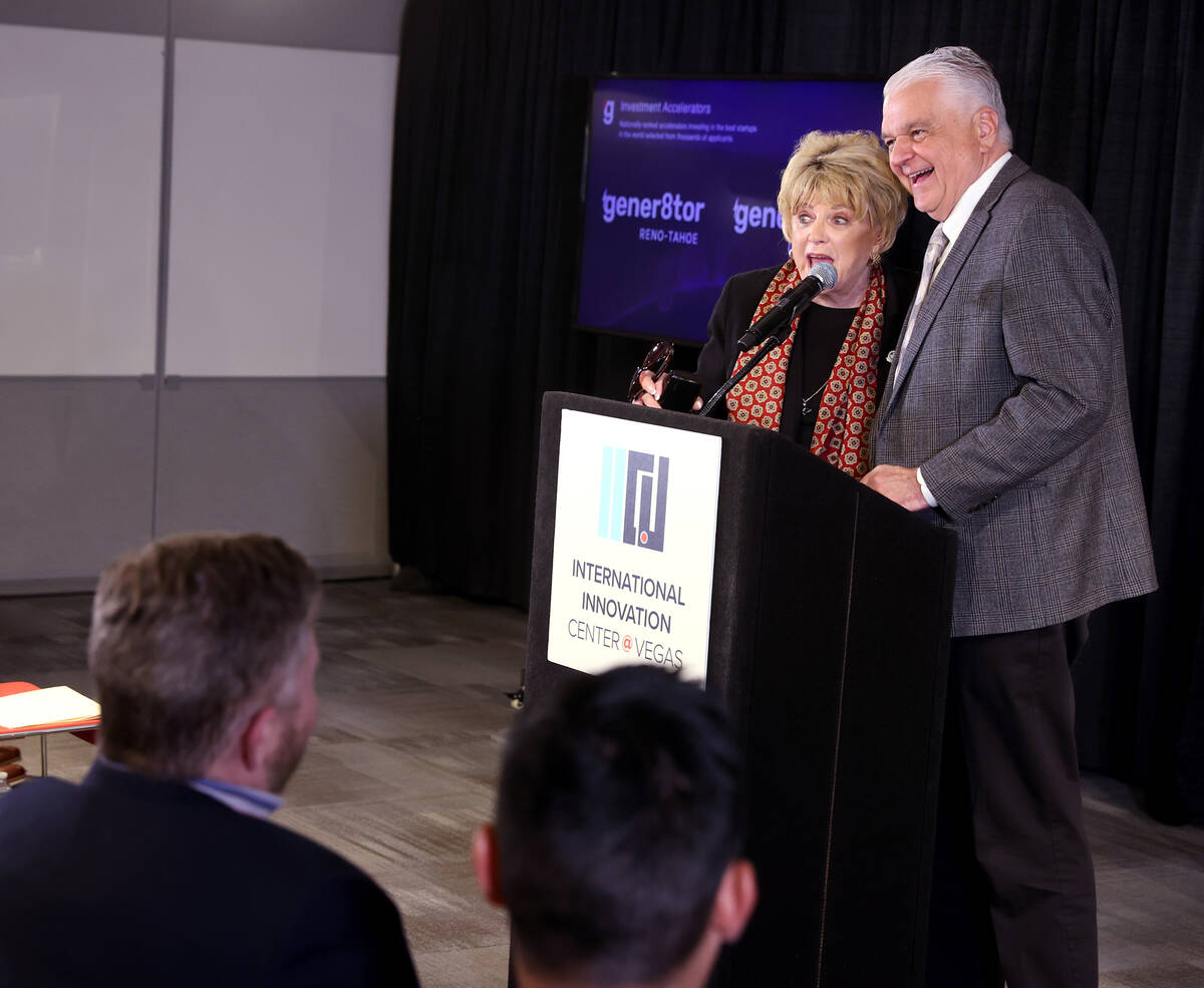 Nevada Gov. Steve Sisolak and Las Vegas Mayor Carolyn Goodman during a news conference at the I ...