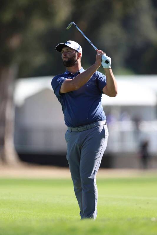 Jon Rahm, of Spain, hits his second shot on the ninth hole during the second round of the Genes ...