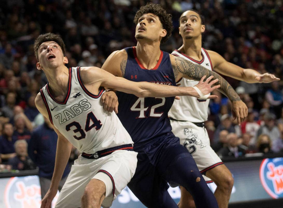 Gonzaga Bulldogs center Chet Holmgren (34) boxes out St. Mary's Gaels forward Dan Fotu (42) in ...