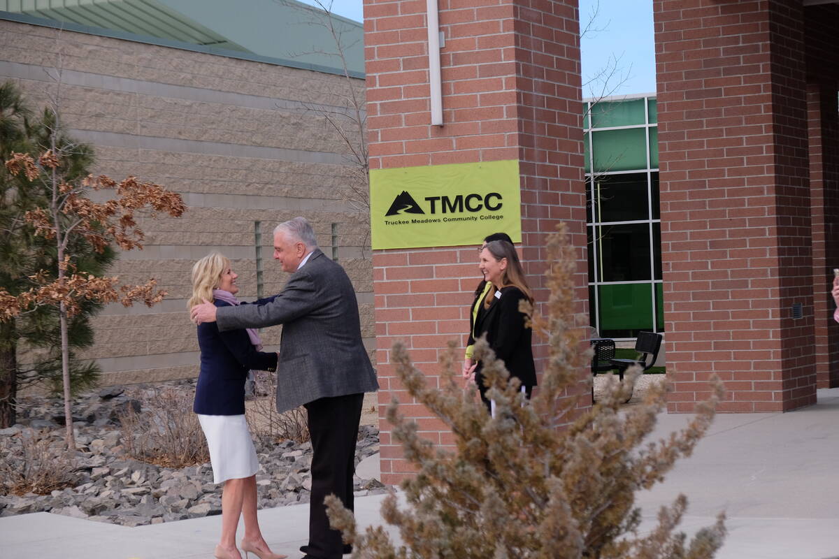 Gov. Steve Sisolak welcomes First Lady Jill Biden to Truckee Meadows Community College in Reno ...