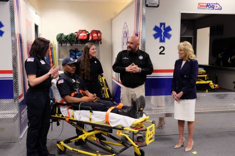 First Lady Jill Biden speaks with Mike Schulz, director of the public safety department at Truc ...