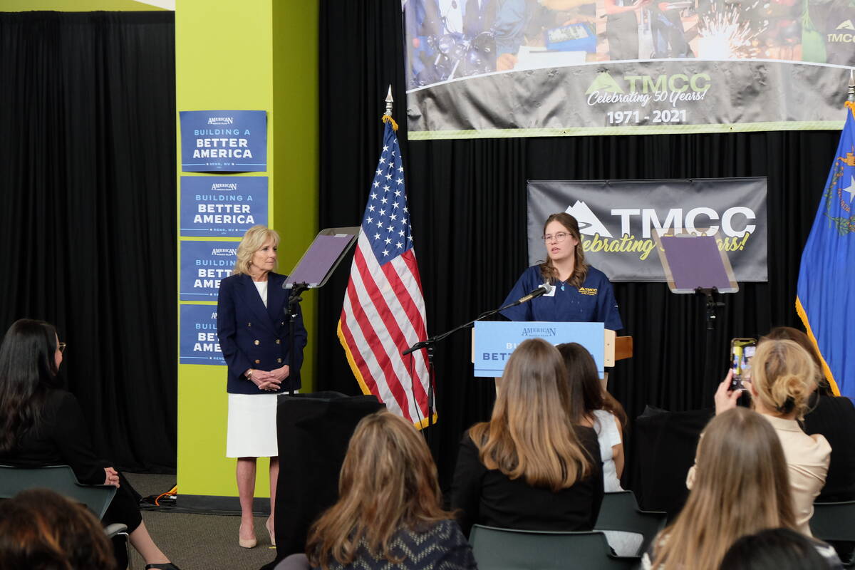 Savannah Terrana, a radiologic technology student, introduces First Lady Jill Biden at Truckee ...