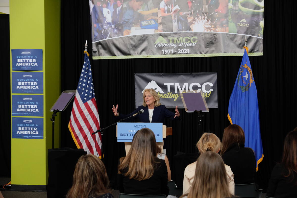 First Lady Jill Biden speaks about the American Rescue Plan during a visit to Truckee Meadows C ...