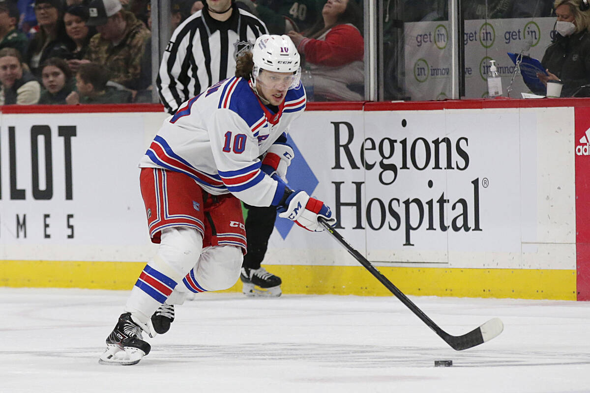 New York Rangers left wing Artemi Panarin plays against the Minnesota Wild during an NHL hockey ...