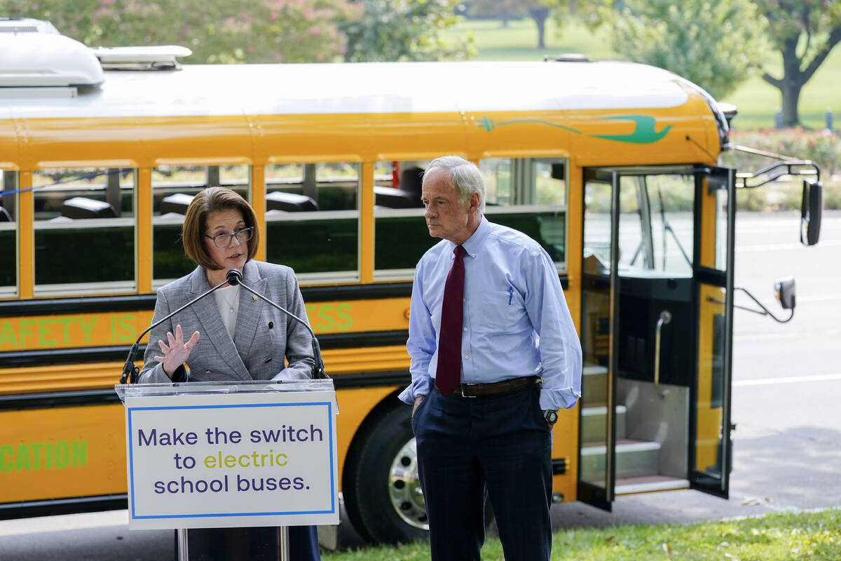 Sen. Catherine Cortez Masto, D-Nev., left, speaks alongside Sen. Tom Carper, D-Del., at a news ...