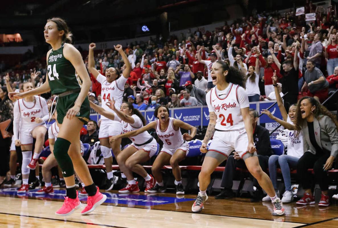 UNLV Lady Rebels guard Essence Booker (24) reacts after scoring in the final moments of the sec ...
