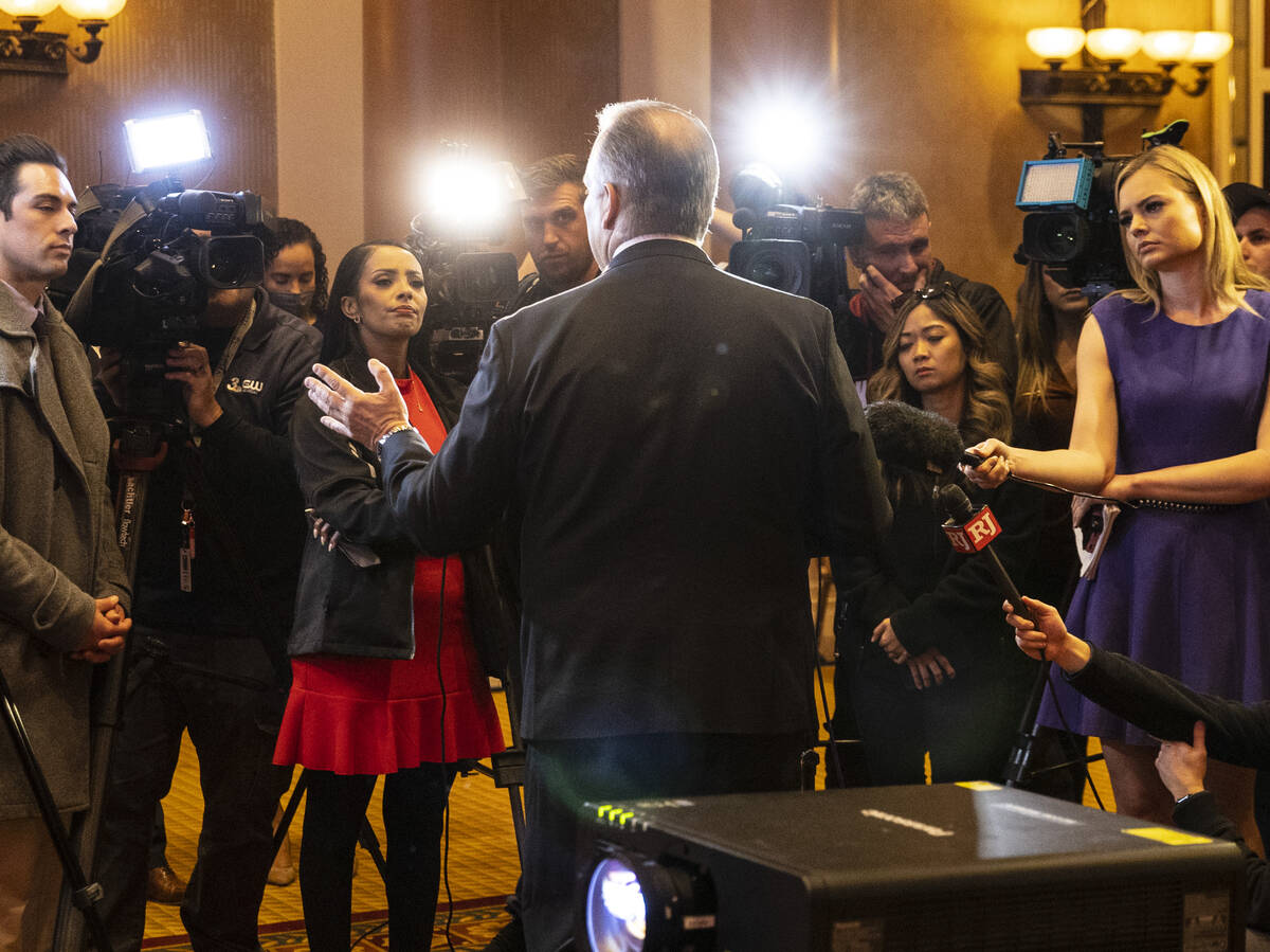 Clark County School District (CCSD) Superintendent Dr. Jesus Jara addresses the media after del ...