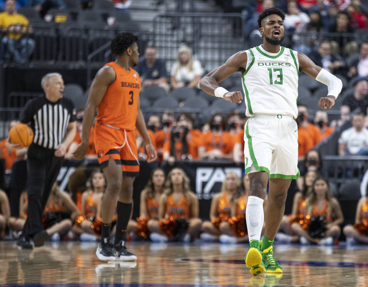 Oregon Ducks forward Quincy Guerrier (13) is pumped after a fast break past Oregon State Beaver ...