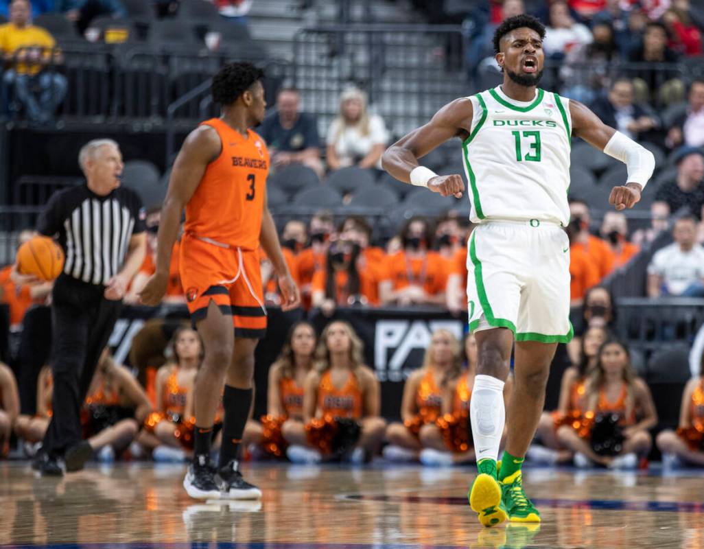 Oregon Ducks forward Quincy Guerrier (13) is pumped after a fast break past Oregon State Beaver ...
