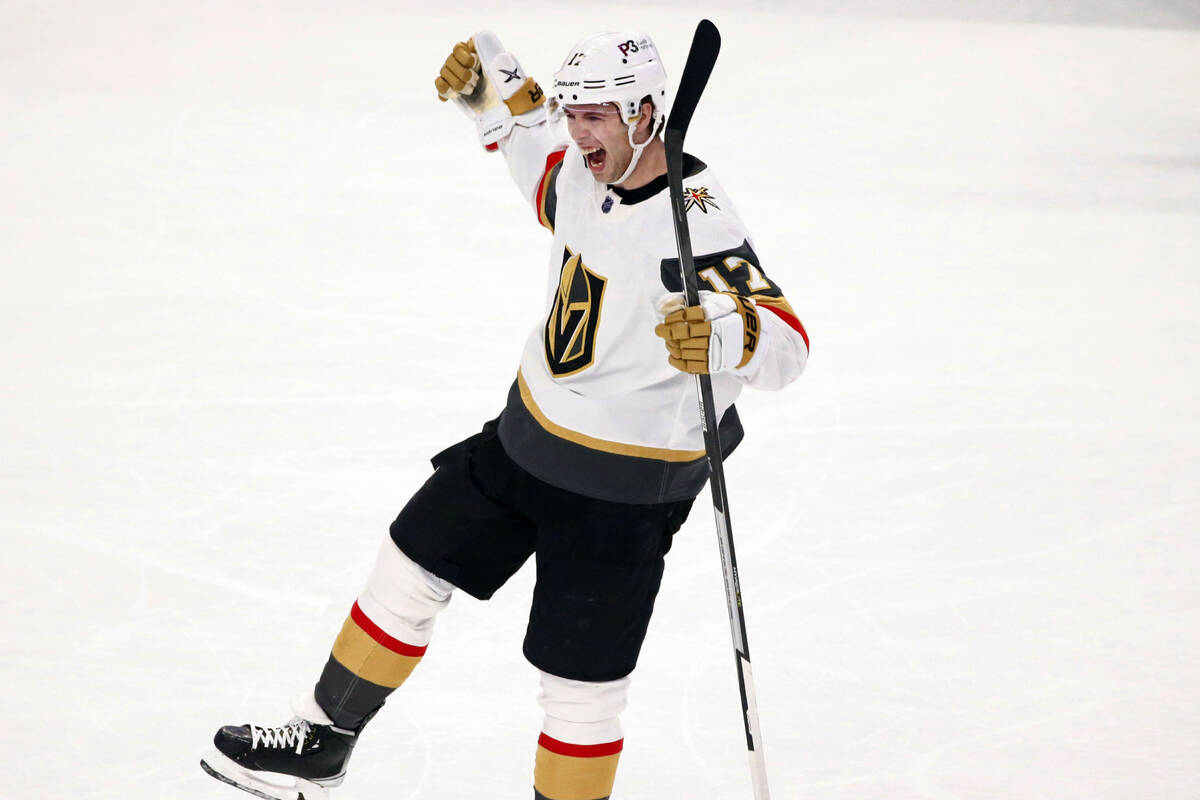 Vegas Golden Knights defenseman Ben Hutton celebrates after his goal during the third period of ...